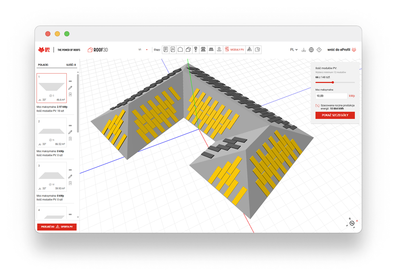 ROOF3D software modeling a roof with photovoltaic module layout