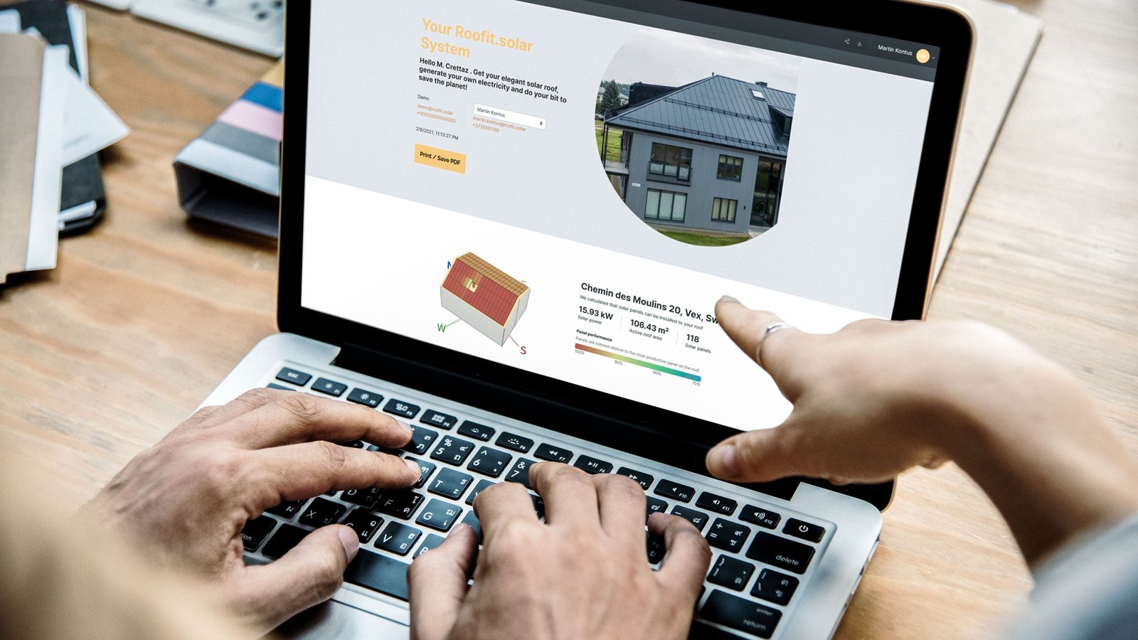 Roofit.solar online system configurator showing 3D roof model with panel layout